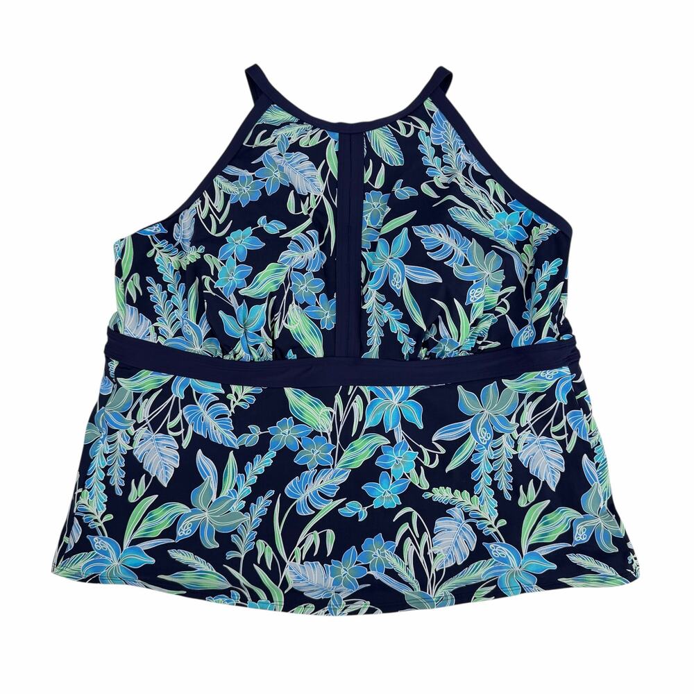 Lands’ End Plus 26W Navy Blue High Neck Keyhole Modest Tropical Tankini Top